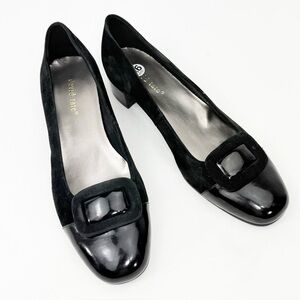 David Tate Black Suede Leather Patent Buckle Toe Low Heel Slip On Retro Pumps